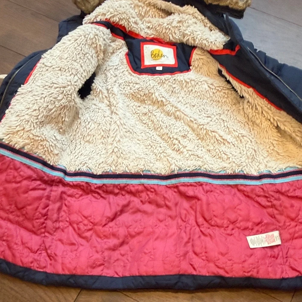 Mini Boden Cozy Navy Kids Jacket with Faux Fur Hood 6-7Y C5-039